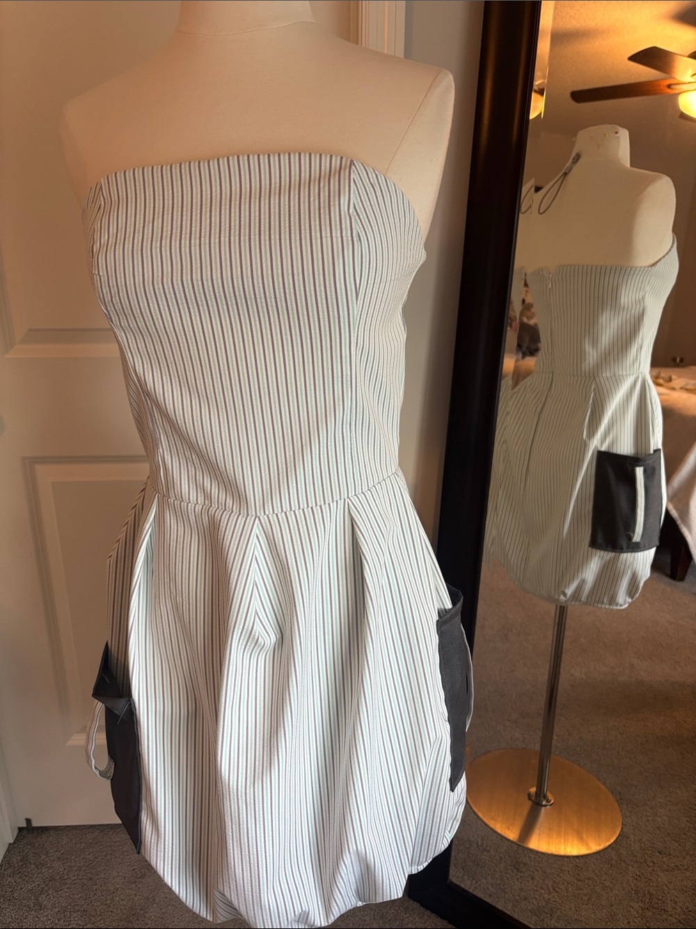 Striped Strapless Bubble Dress with Grey Pocket Panels